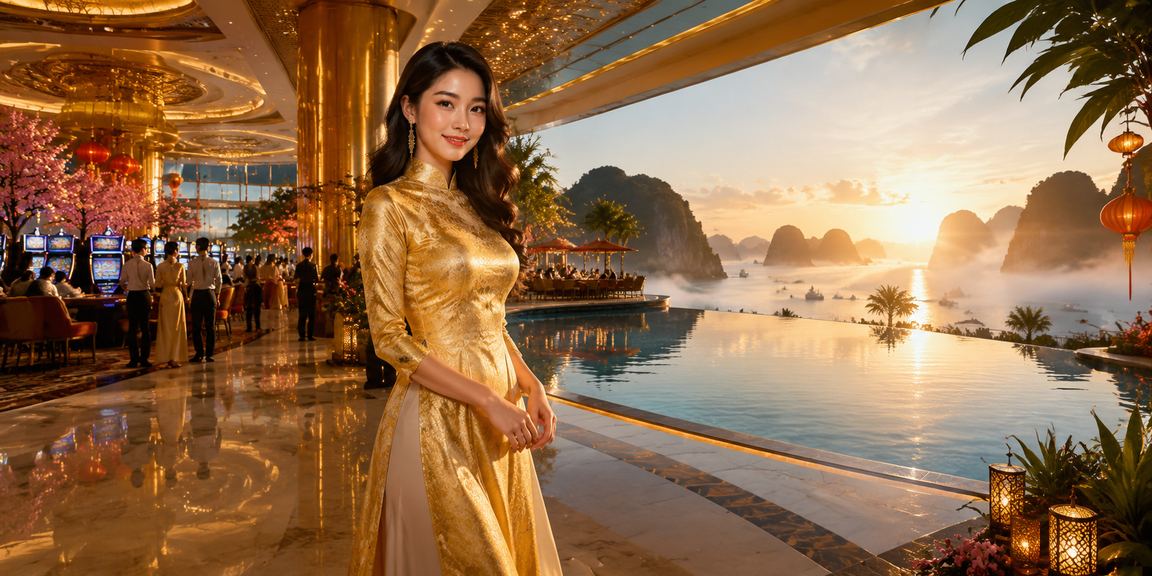 Phụ nữ Việt Nam trong trang phục áo dài truyền thống trải nghiệm đặt cược trực tuyến với khung cảnh vịnh Hạ Long