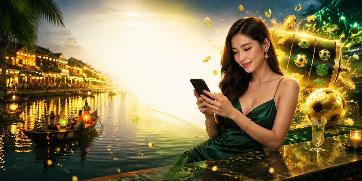 Người dùng tại Hội An trải nghiệm slot game trực tuyến trong không khí phố cổ yên tĩnh buổi tối